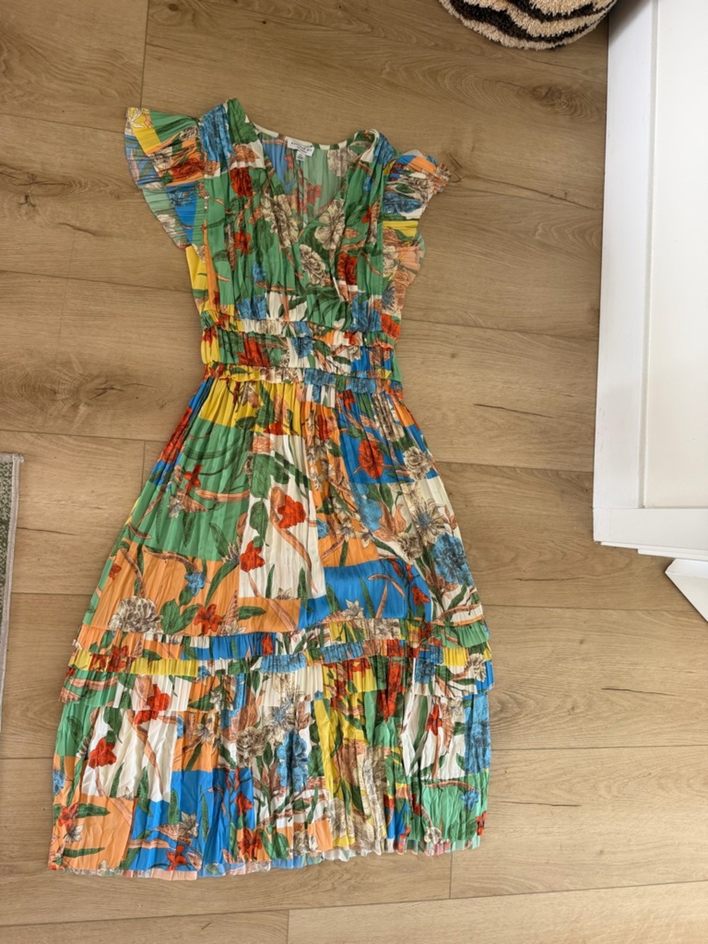 Current Air Multicolor Floral Tiered Midi Dress - Green/Blue/Orange/Cream